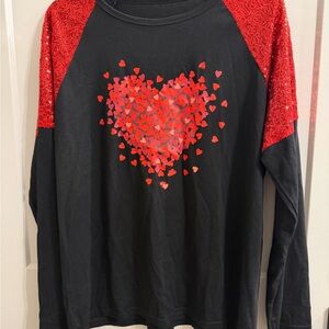 Amazon Black Long-Sleeve Tee with Red Sequin Raglan Sleeves and Heart Graphic